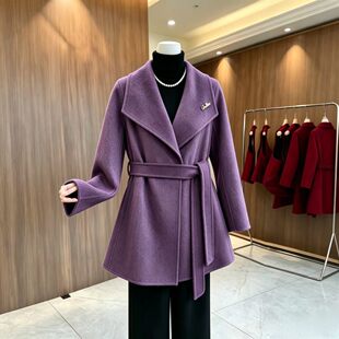 气质妈妈装高端翻领系带毛呢大衣中年女士优雅大气中长款羊毛外套