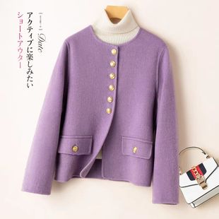 秋季新款双面羊毛大衣女圆领短款小香风高级感加厚小个子毛呢外套