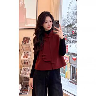 新中式高档羊毛双面羊毛呢袖马甲背心外套女宽松显瘦早春新款
