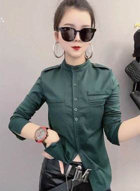 彩色立领长袖加绒保暖单排扣修身棉质衬衫女经典原创百搭气质上衣