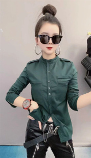 彩色立领长袖加绒保暖单排扣修身棉质衬衫女经典原创百搭气质上衣