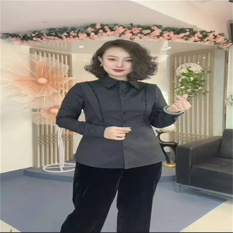 舒适优雅百搭秋冬加绒保暖彩色重工缝珠棉质微弹衬衫女小众上衣