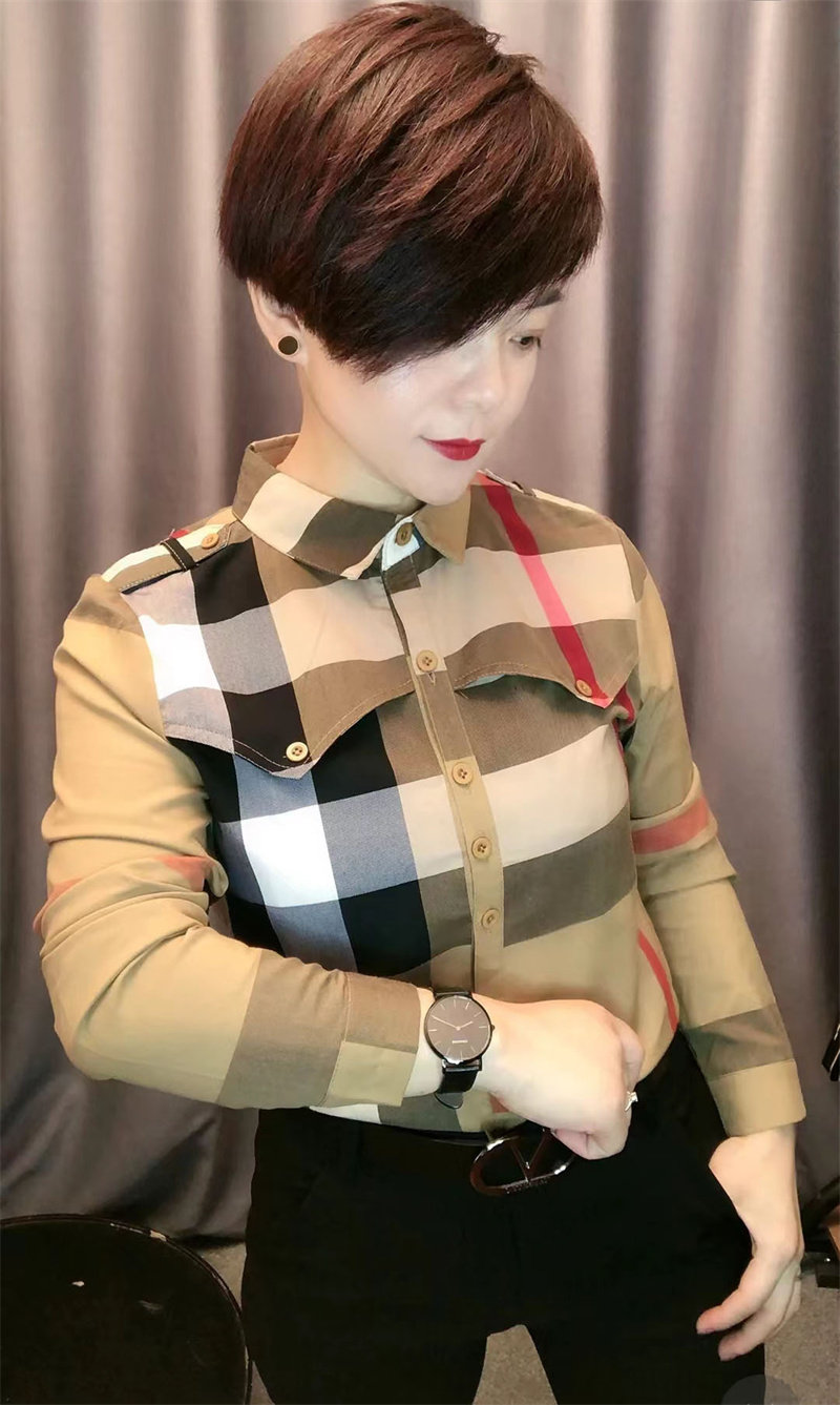 欧洲站春秋方领单排扣格子棉质休闲衬衫女装洋气原创百搭衬衣潮范