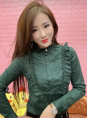 气质优雅纯色修身棉质衬衫女欧货2022新款菲边立领单排扣上衣通勤