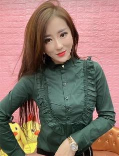气质优雅纯色修身棉质衬衫女欧货2022新款菲边立领单排扣上衣通勤