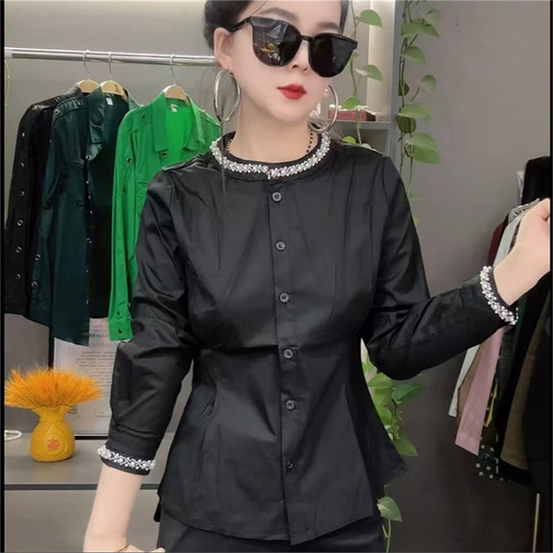 春秋糖果色圆领长袖修身舒适原创重工衬衫女装上衣时尚百搭经典潮