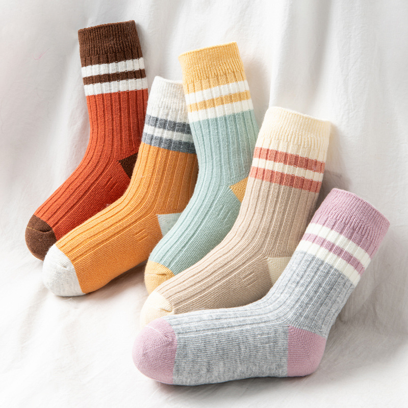七巧板童袜儿童袜子男童秋冬厚棉女童彩色条纹中大童中筒长筒棉袜