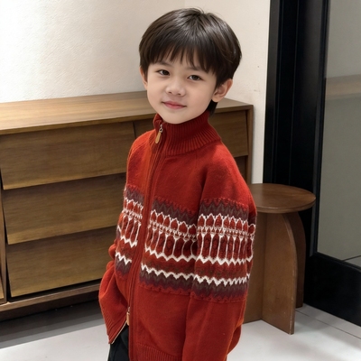 莱比儿童三股加厚山羊绒毛衣男童新年红费尔岛提花拉链高领开衫冬