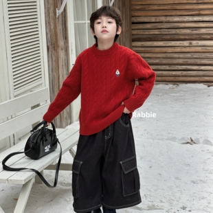 莱比品牌山羊绒2025冬新款儿童三股加厚羊绒衫红色年装毛衣亲子