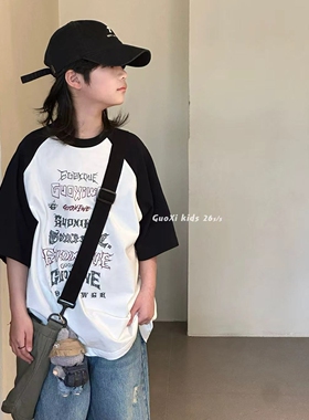 GUOXI果皙2026夏款男童撞色插肩袖T恤儿童潮酷字母印花宽松短袖t