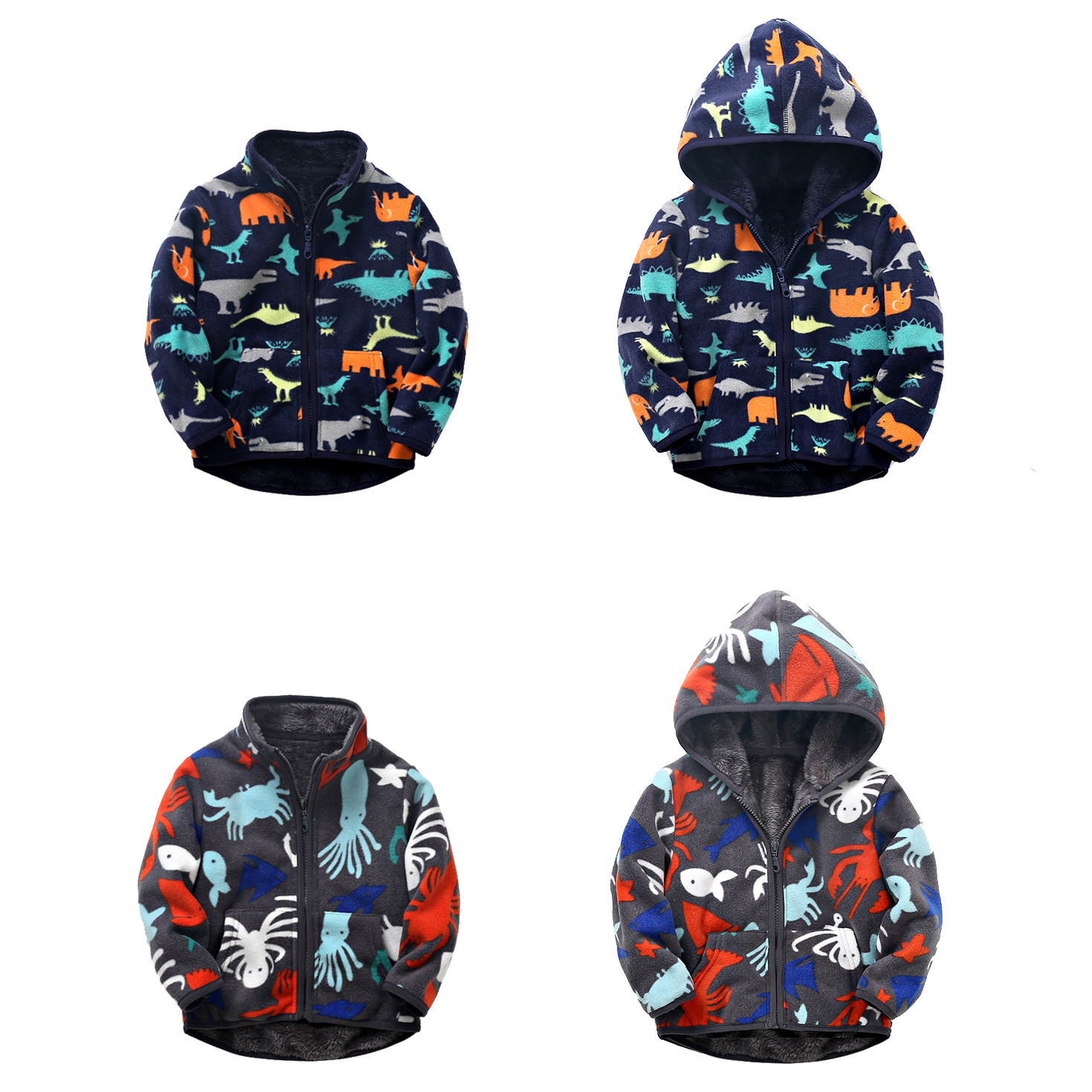 24秋冬新款儿童加绒厚男童外套印花摇粒绒卡通恐龙海洋连帽夹克