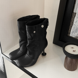 子靴小众套筒单靴 方头细跟辣妹短靴女百搭高跟裤 大熹2026春季 新款