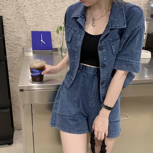 大码减龄气质衬衫牛仔套装女2026夏季新款短款外套短裤两件套时髦