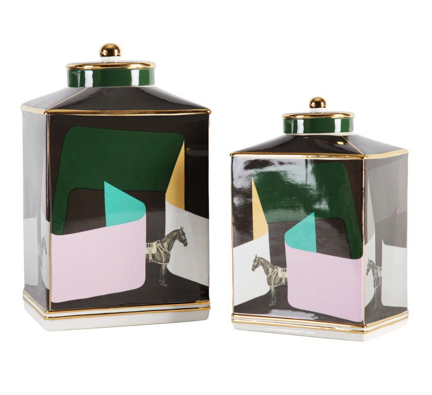 彩色陶瓷布鲁斯爱马方块形储物罐子摆件欧式客厅电视柜创意装饰品