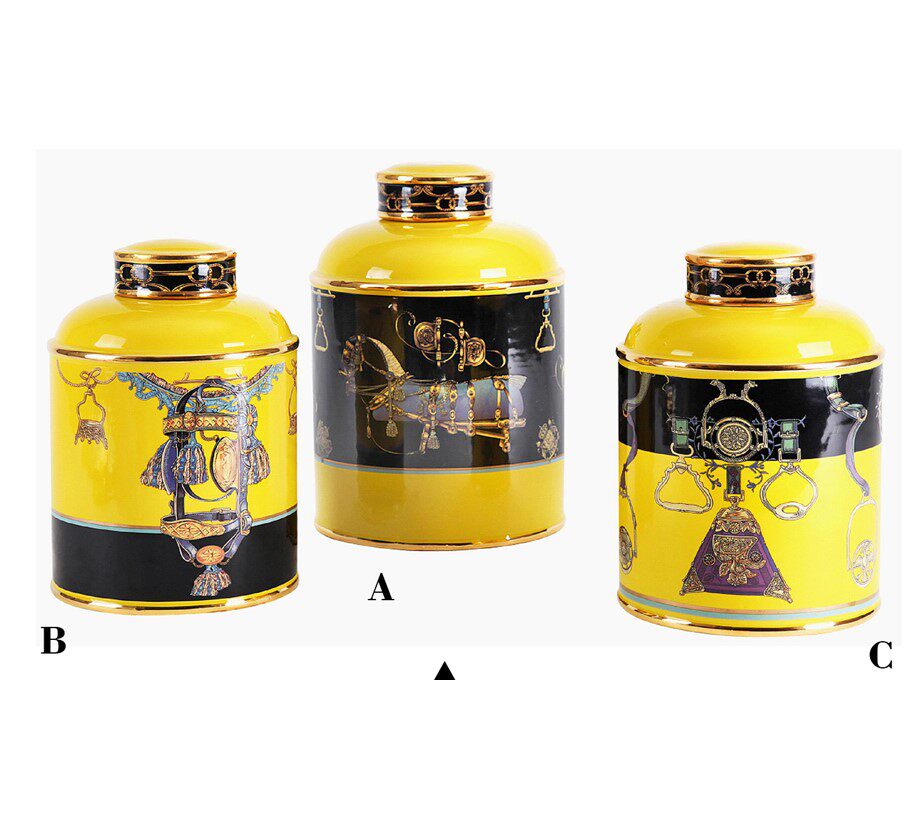 黄色陶瓷伯骑士爱马花瓶带盖罐子摆件欧式客厅创意现代简约装饰品