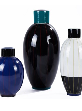 蓝色陶瓷纯色线条带盖伯哈兰花瓶摆件欧式客厅样板房创意现代饰品