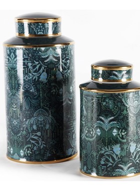 墨绿色金边陶瓷森罗琳花瓶带盖罐子摆件欧式客厅板房现代简约饰品