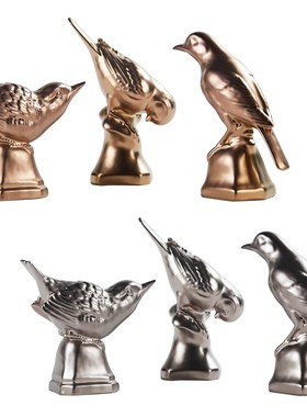 金银色陶瓷抽象雕刻麻雀小鸟动物摆件欧式客厅卧室样板房创意饰品