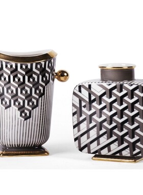 黑白色几何方块格子陶瓷卡洛斯花瓶插花摆件欧式客厅板房创意饰品