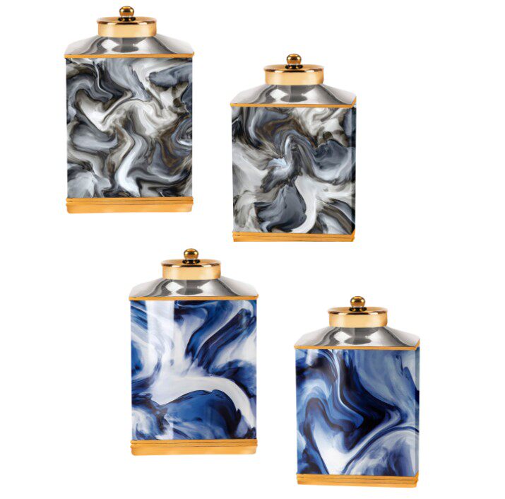 灰黑蓝色陶瓷大理石纹花瓶带盖罐子摆件 欧式客厅创意现代装饰品