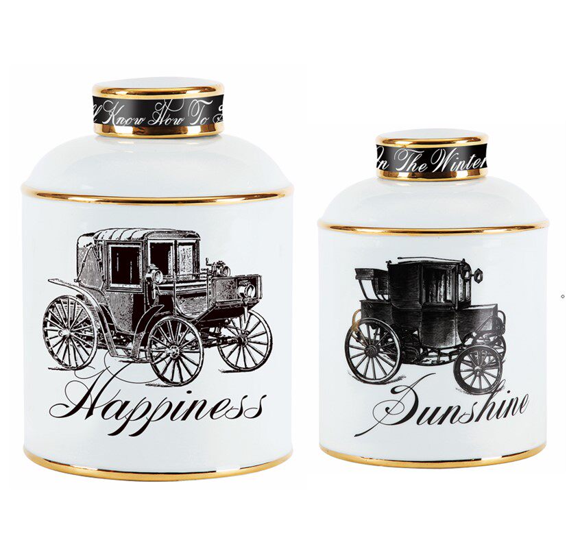 黑白色陶瓷吉伯特马车储物罐子瓶子摆件欧式客厅样板房创意装饰品