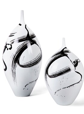 黑白水墨陶瓷笔挥墨舞花瓶尖口插花摆件欧式客厅书房办公室装饰品
