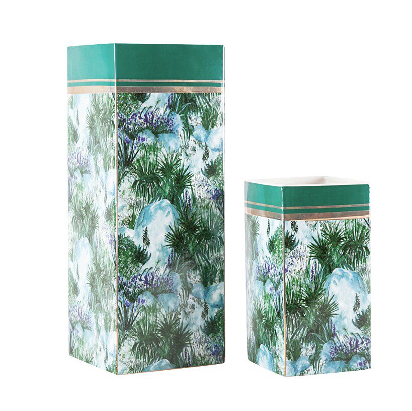 陶瓷深绿花草靡颜意境花瓶菱形插花摆件欧式客厅样板房创意装饰品