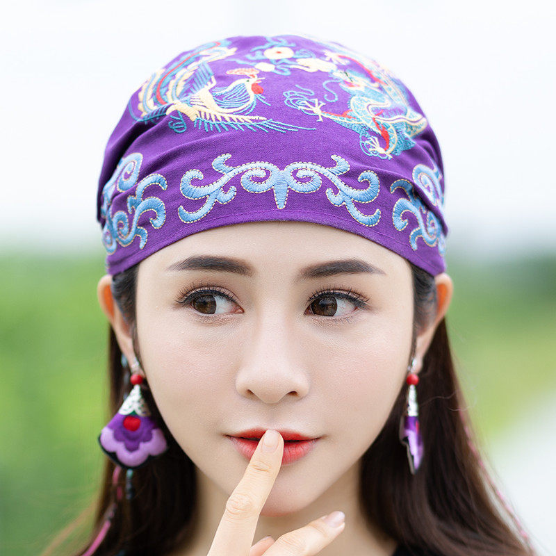 包邮民族风新款棉麻龙凤呈祥绣花帽子休闲头巾包头帽女四季帽薄款