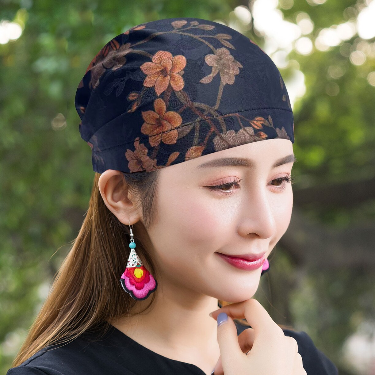花萝提花仿香云纱头巾帽薄款透气遮白发帽女夏季包头帽印花休闲帽