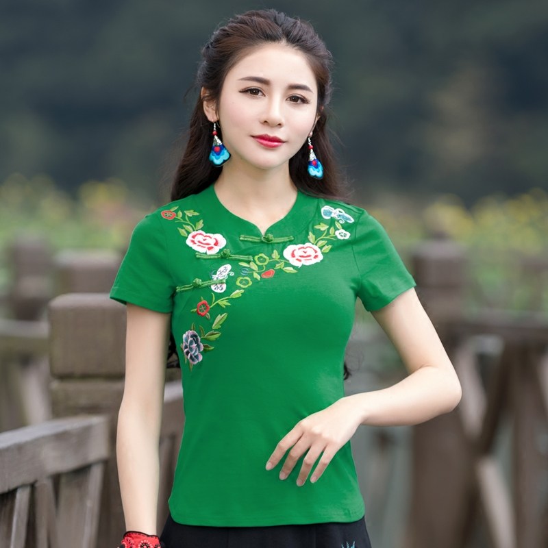 民族风大码女装夏新款短袖绣花棉修身立领复古上衣t恤打底衫包邮