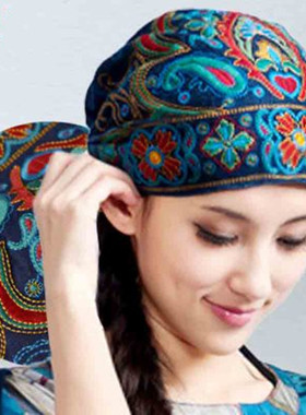 民族风四季棉麻复古休闲刺绣花头巾帽红色女士薄款旅游帽子包头帽