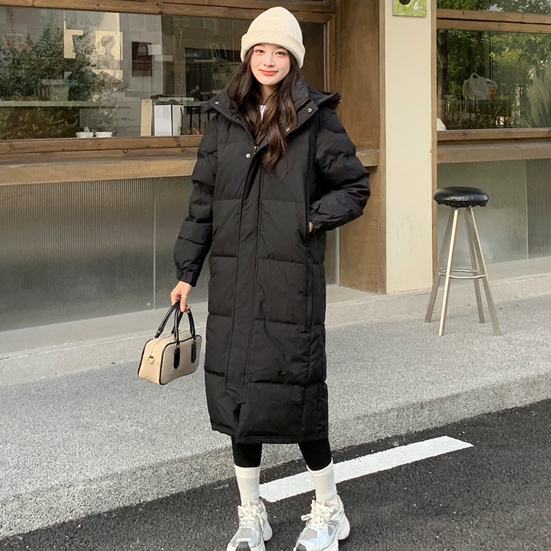 羽绒服女2025年新款中长款过膝加厚大码黑色中戏白鸭绒情侣外套潮