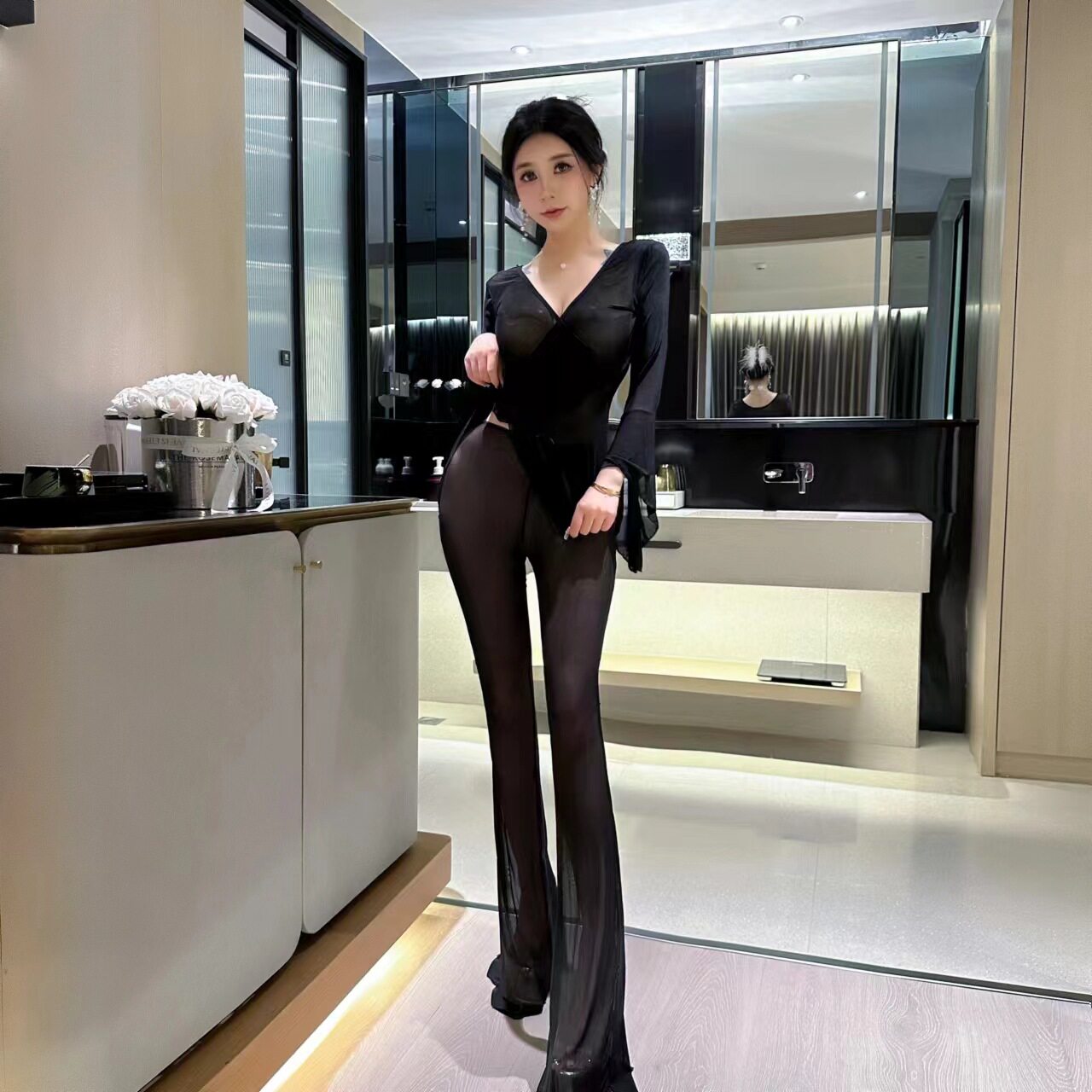 按摩技师工作服酒吧KTV性感透视长袖长裤制服套装夜场上班衣服