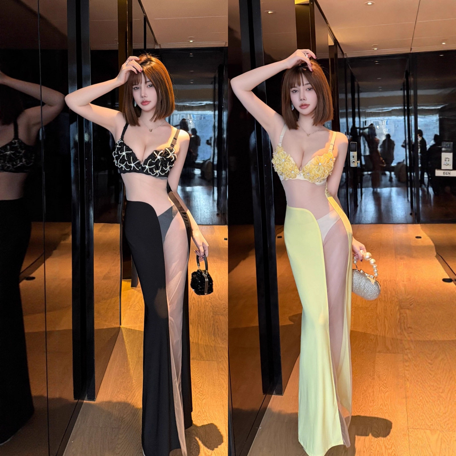 夜总会连衣裙显瘦气质晚礼服性感透视网纱吊带长裙桑拿技师工作服