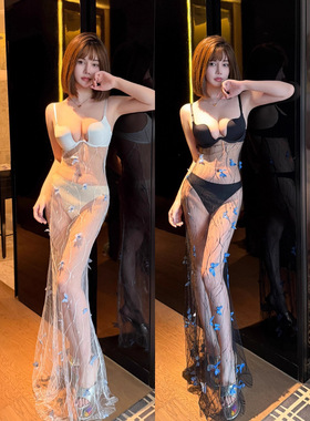 夜总店连衣裙夏季夜场晚礼服桑拿技师工作服网纱透视性感吊带长裙