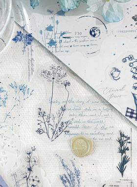 陌墨朦胧花草PET贴纸植物树叶花卉花朵简约线条透明素材DIY装饰