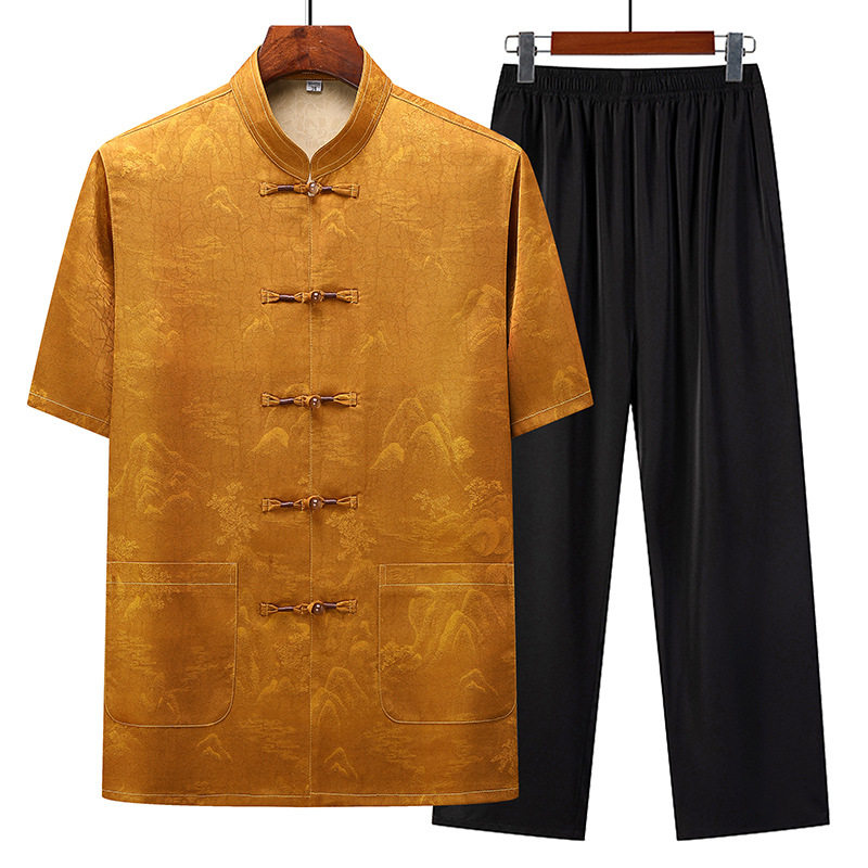 高版中老年人唐装男士中国风夏季薄款冰丝短袖套装爸爸立领衬衫上,男装,唐装,淘宝优惠券,粉丝福利购,淘宝优惠卷