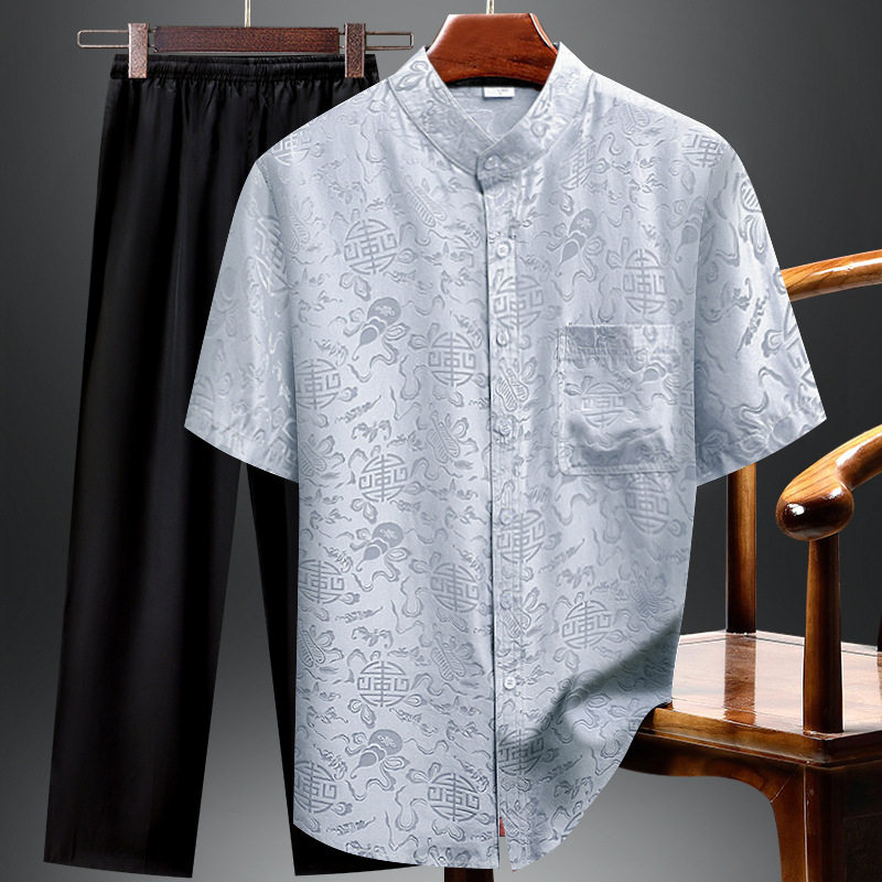 高版重磅真丝短袖衬衫男新款夏季爸爸套装桑蚕丝中年爷爷夏天衣服,男装,中山装,淘宝优惠券,粉丝福利购,淘宝优惠卷