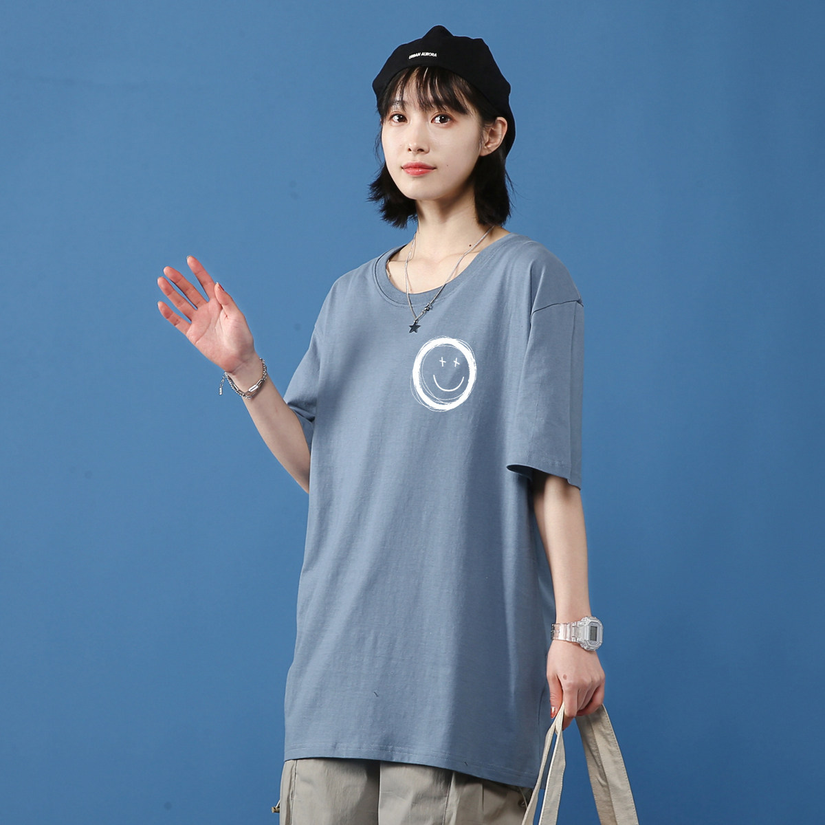 短袖t恤男2021新款港风宽松圆领笑脸印花上衣服潮ins休闲百搭,男装T恤,星座414A-2（原B215-2）