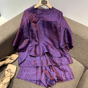 VANLU格调新中式 高级紫色套装 金属丝光泽提花斜襟宽松上衣 短裤