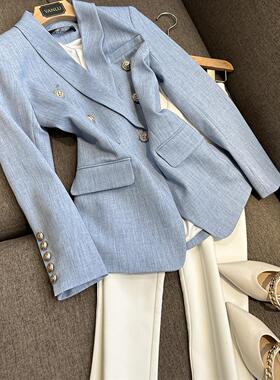 VANLU 大PAI限定色系！优雅气质~双排金属纽扣收腰长袖西装外套女