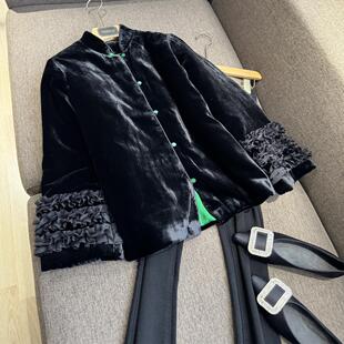 VANLU 别致优雅 高级中式国风 复古立领撞色木耳花边真丝丝绒棉服