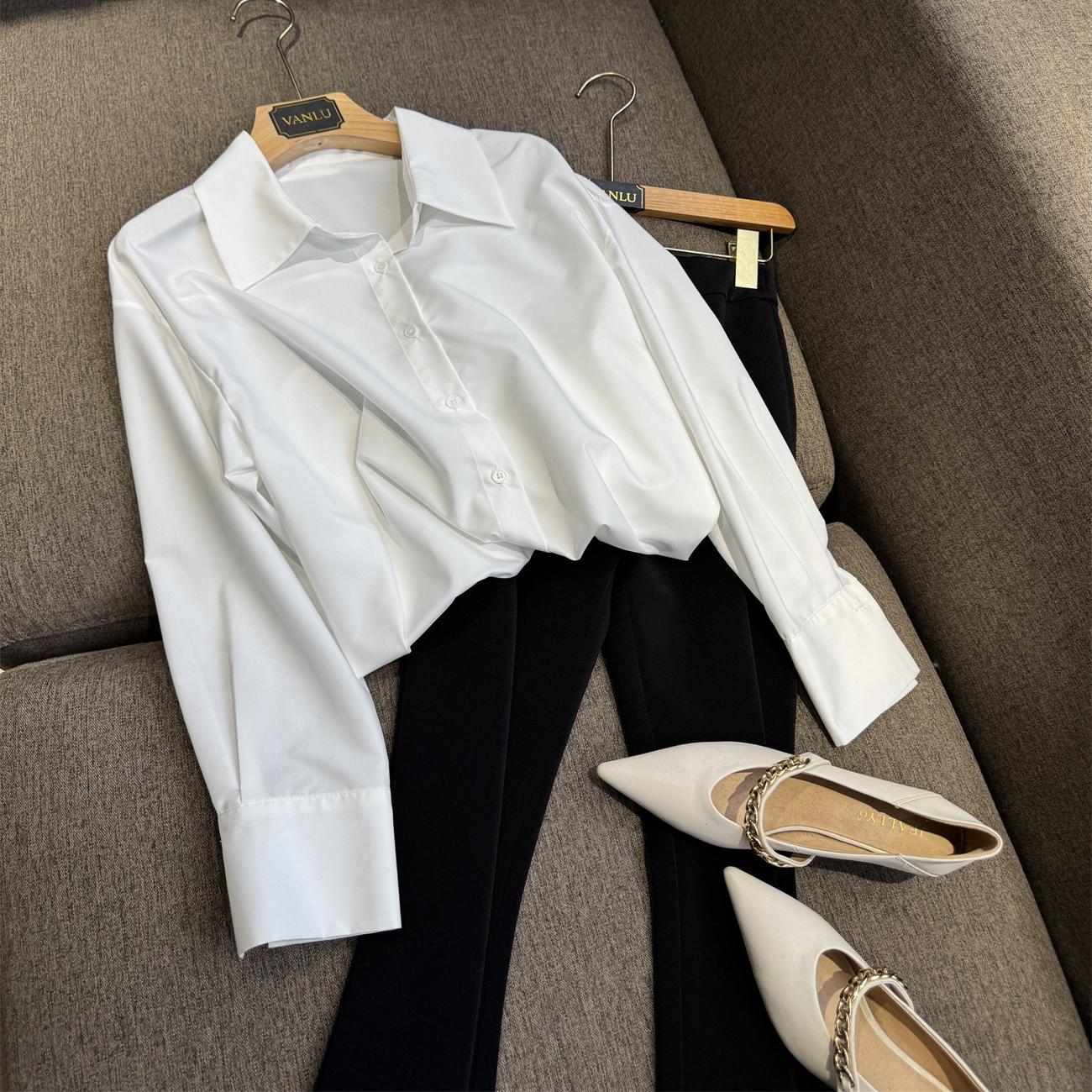 经典优雅抗皱棉宽松白色衬衣女