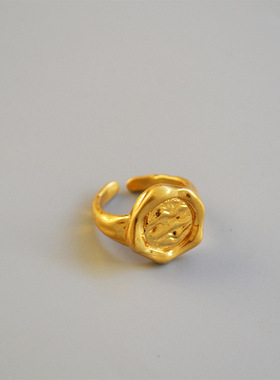 欧美小众设计复古不规则凹凸纹理抽象图案黄铜镀金戒指食指戒