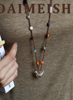 复古时尚精致松石小鸡花纹项链轻奢小众高级感编绳叠戴毛衣链