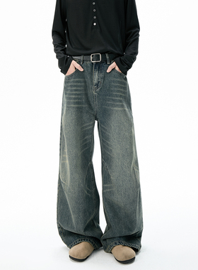 ZMGEEN潮牌牛仔裤男秋季美式复古蓝宽松直筒裤子休闲百搭阔腿长裤