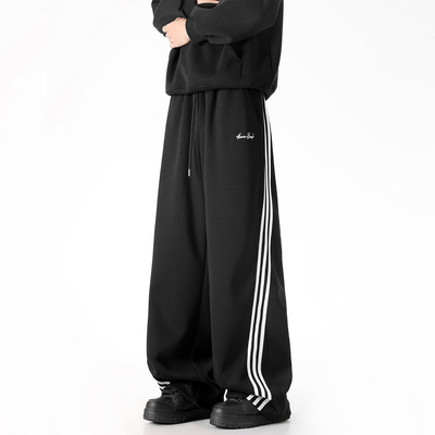 ZMGEEN加绒卫裤男秋冬季美式潮牌宽松直筒裤子三条杠运动休闲长裤