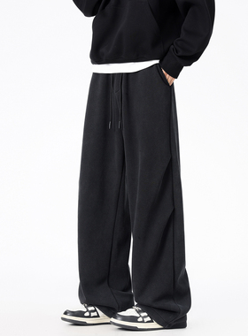 ZMGEEN冬季加绒卫裤男美式潮牌水洗宽松直筒裤子运动百搭休闲长裤