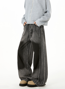 ZMGEEN美式复古重磅水洗牛仔裤男秋季潮牌宽松直筒阔腿拖地长裤子