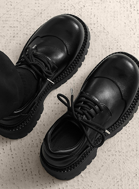 皮鞋男款2026新款潮流休闲鞋子黑色大头工作鞋痞帅高档厚底德比鞋